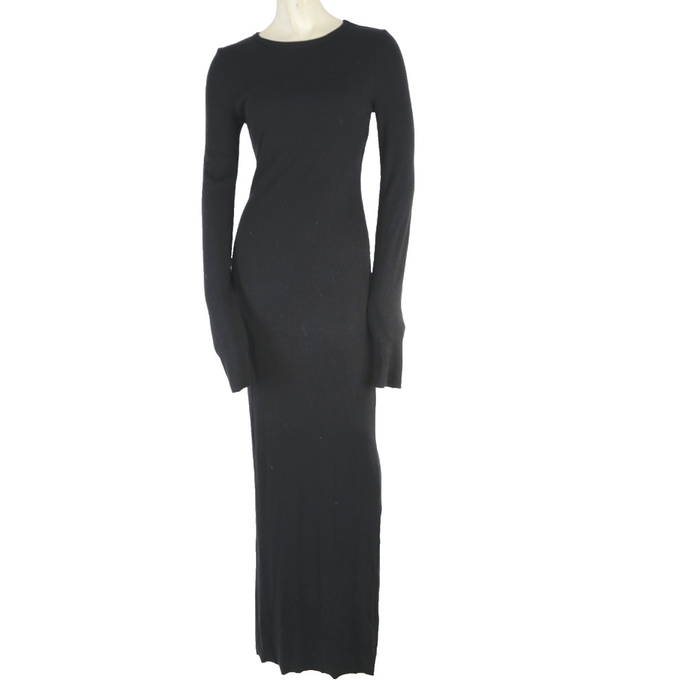 Eterne Dress S Black Long Sleeve Crewneck Maxi Ribbed Cotton Modal Blend Luxury